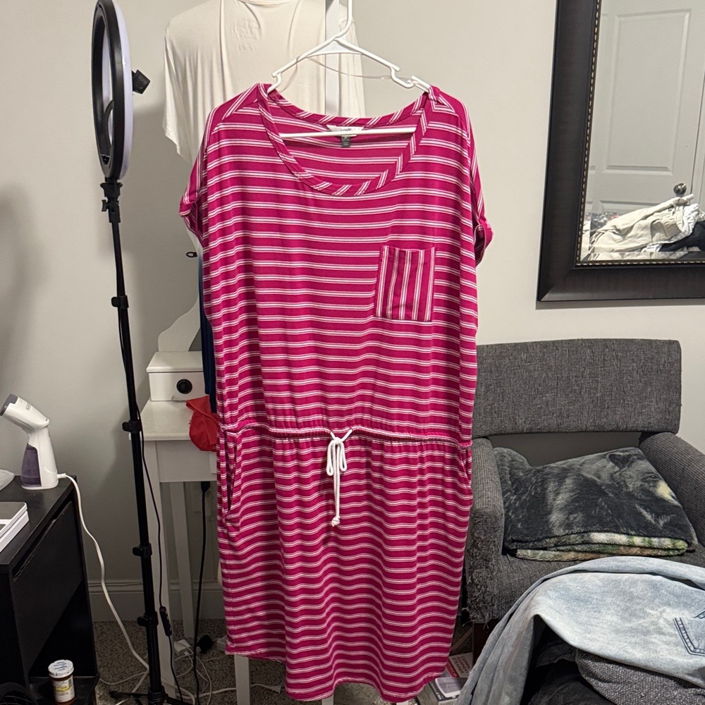 Terra & Sky Fuchsia and White Striped Drawstring Midi Dress